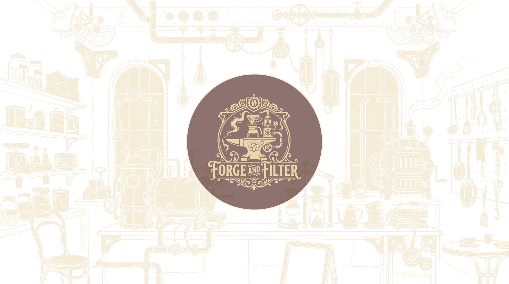 Forge and Filter crest surrounded by cafe and forge illustrations